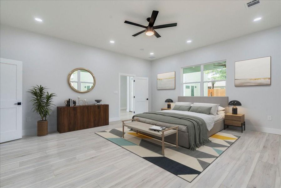 Bedroom featuring light wood-style floors, recessed lighting, and a ceiling fan