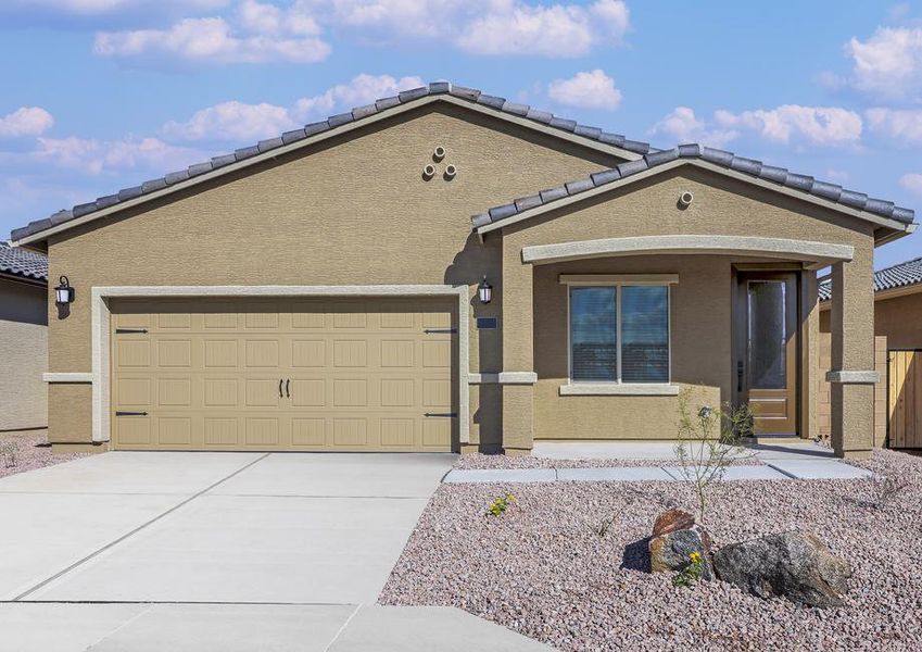 Exterior of the Taos with a covered front porch and two-car garage.