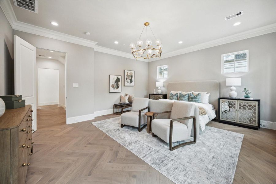 All homes have Legno Baston engineered White Oak wood flooring in 5.5" in the first floor, stairways, hallways, and Primary. Buyers can choose between numerous options for flooring upgrades, including installing in different patterns, continuing wood into secondary bedrooms, or choosing 7" or 8.5" planks. *Photo is of another home in the community and for informational purposes only.