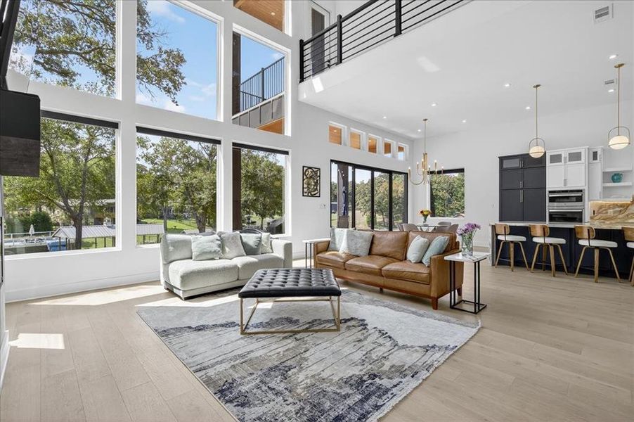 Living room open to kitchen and dining area