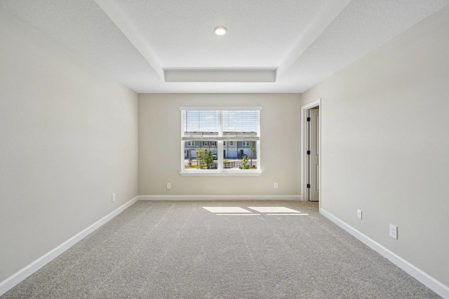 Primary bedroom with a tray ceiling and great natural light from the double window
