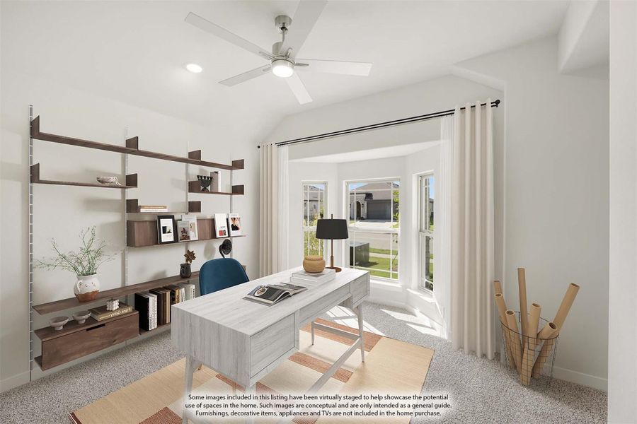 Home office with vaulted ceiling, wall shelving, ceiling fan, and bay windows overlooking neighborhood