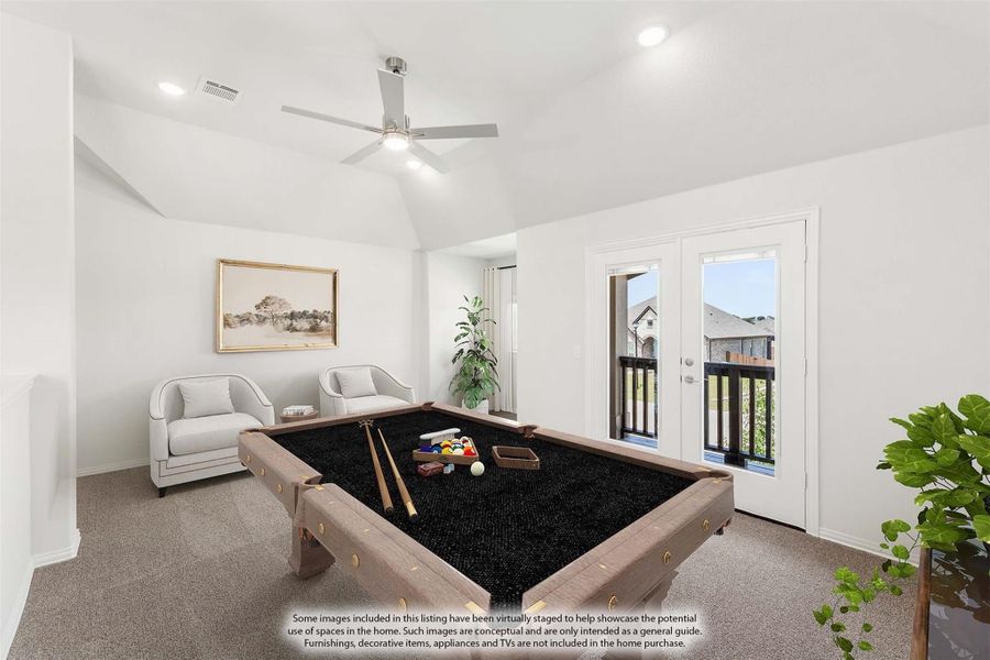 Game room with pool table, vaulted ceiling, ceiling fan, and French doors leading to a balcony
