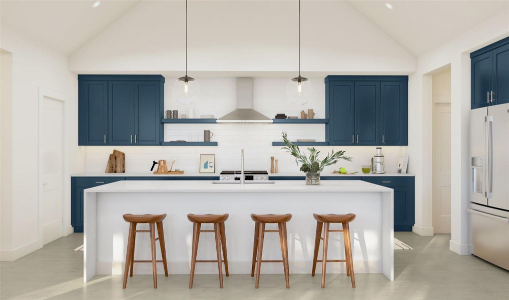 Stylish kitchen with blue cabinets and quartz countertops (*Artist rendering used for illustration purposes only.)