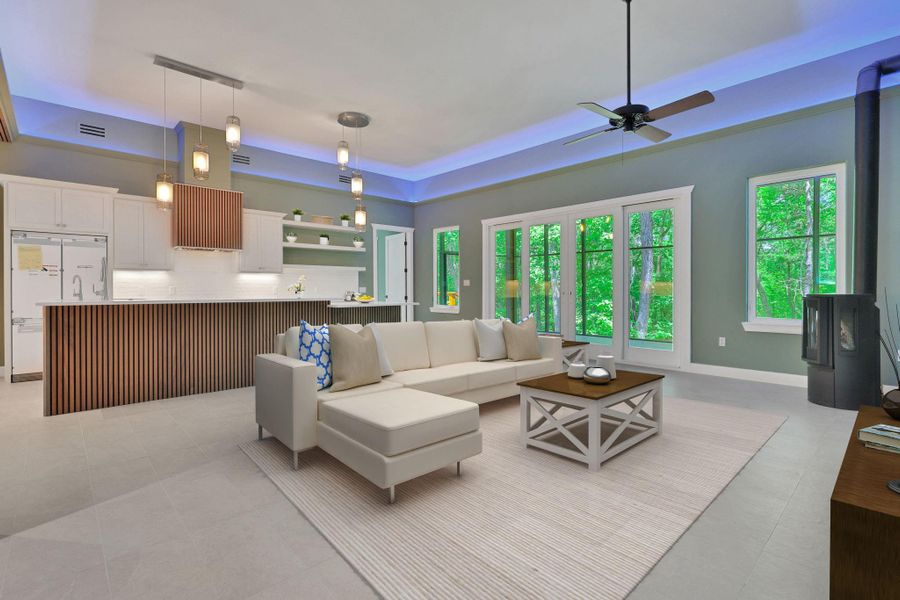 Virtually staged - open concept living and kitchen with high ceilings