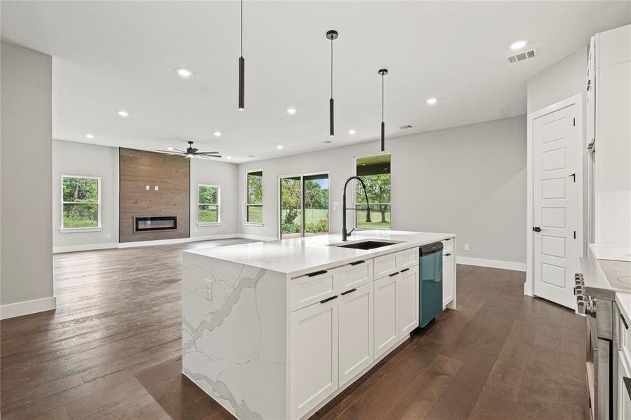 Kitchen with recessed lighting, dark wood-style flooring, light stone countertops, dishwashing machine, and white cabinets