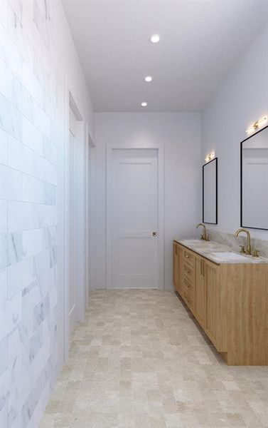 Full bath with double vanity, recessed lighting, and light flooring