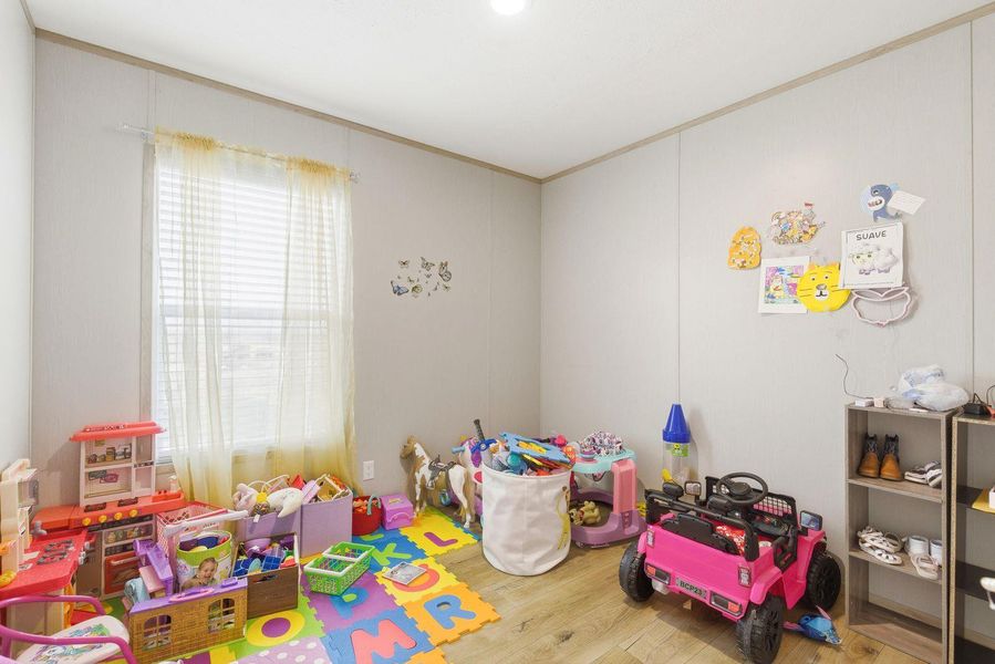 Playroom featuring wood finished floors and crown molding