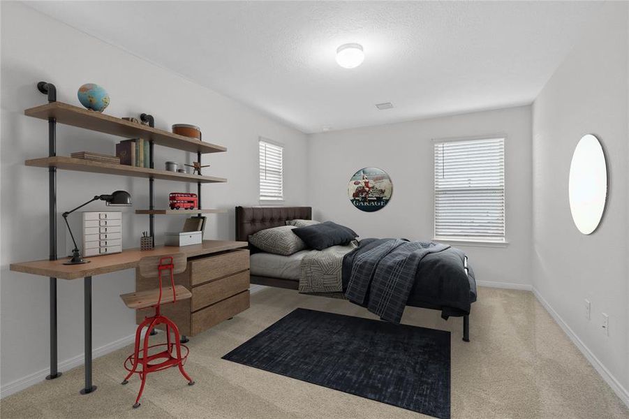 Secondary bedroom features plush carpet, custom paint, windows with privacy blinds, and ample closet space.