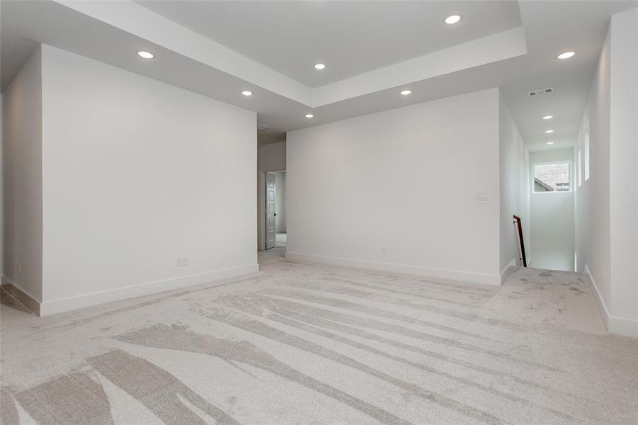 Carpeted empty room with a raised ceiling