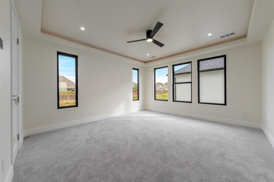 Primary room featuring healthy amount of natural light, light colored carpet, ceiling fan, a tray ceiling, and recessed lighting