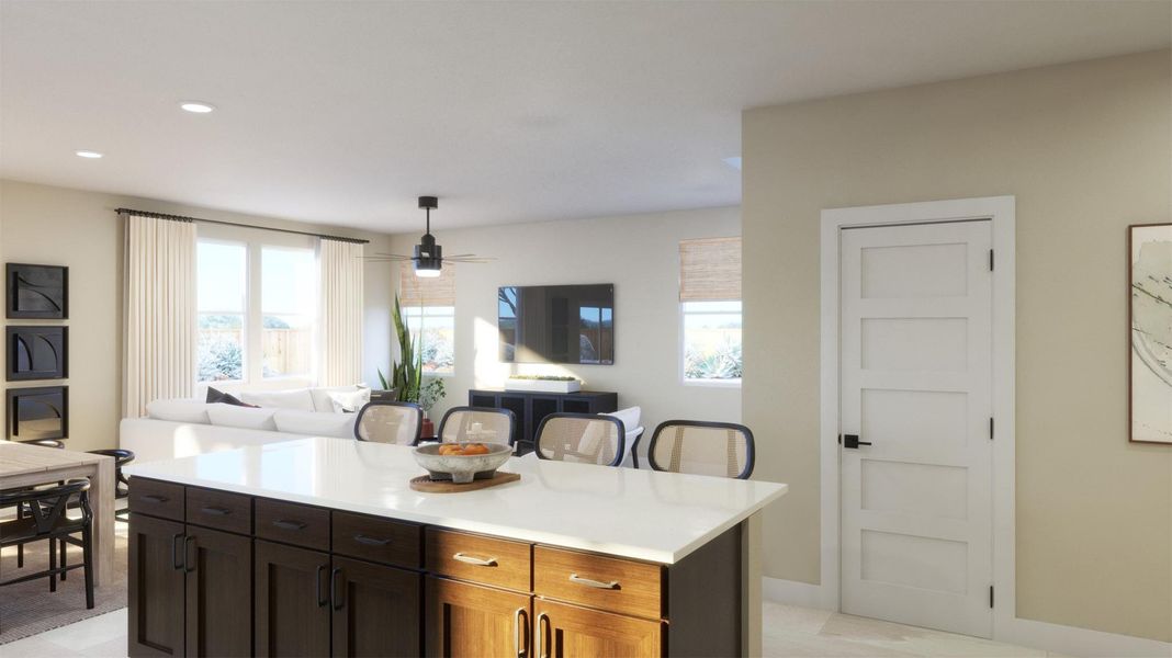 Kitchen featuring healthy amount of natural light, open floor plan, decorative light fixtures, recessed lighting, and a kitchen island Kitchen featuring healthy amount of natural light, open floor plan, decorative light fixtures, recessed lighting, and a kitchen island