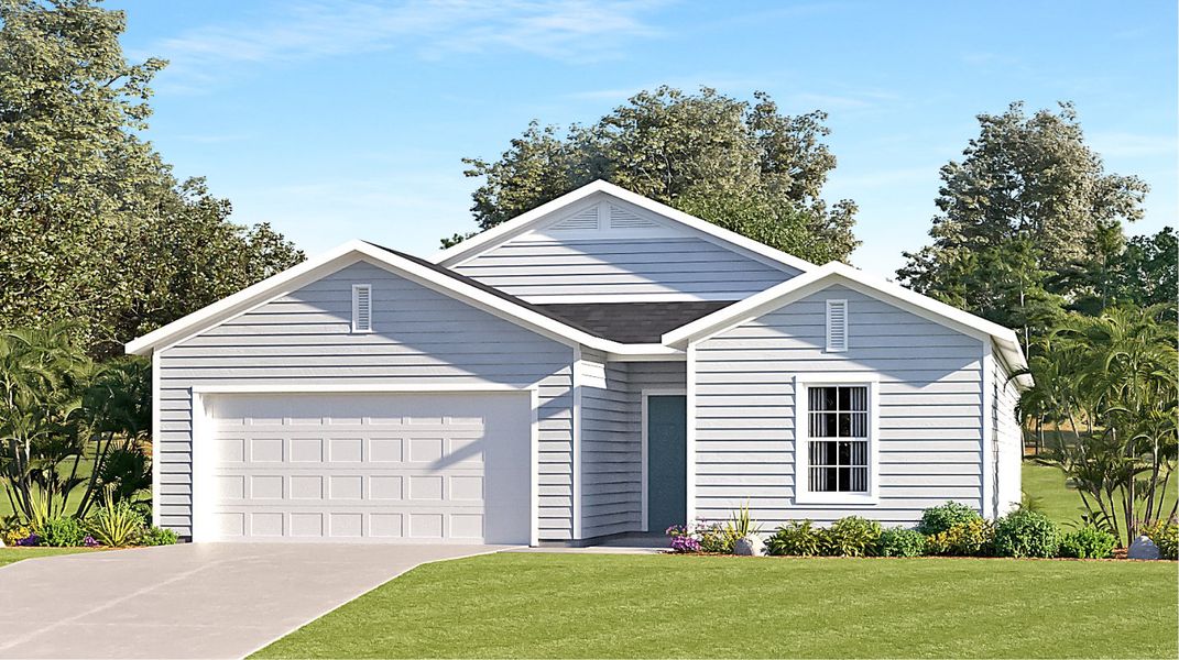 Front exterior of a new home in Granary Park, Green Cove Springs, FL, highlighting curb appeal (Image 1). Front exterior of a new home in Granary Park, Green Cove Springs, FL, highlighting curb appeal (Image 1).