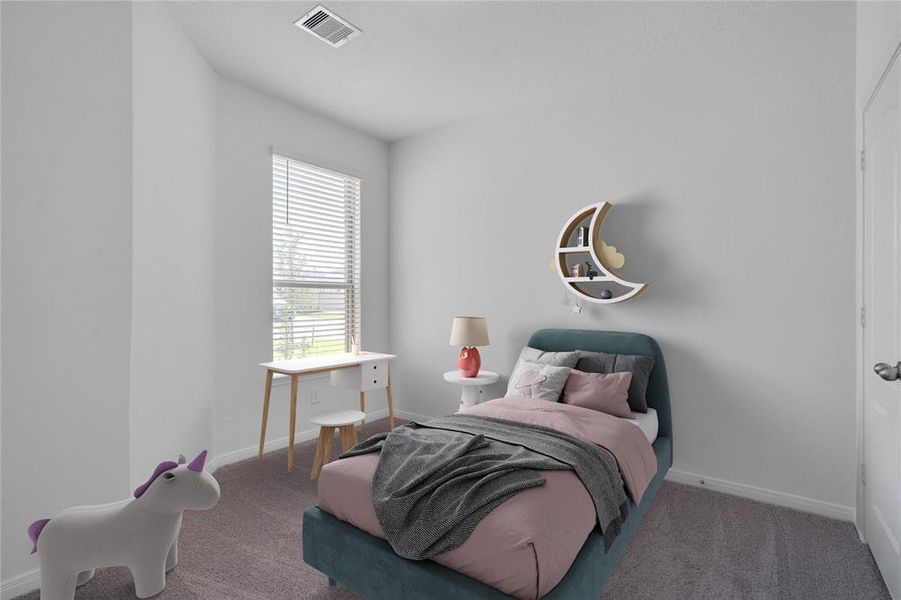 Secondary bedroom features plush carpet, neutral paint, lighting, large window with privacy blinds and ample sized closet space.