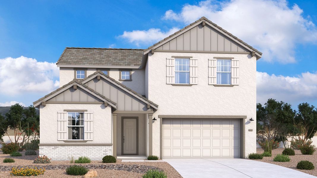 Farmhouse-style two-story Pleasant home exterior with clean lines and welcoming architectural details by DRB Homes in Arizona