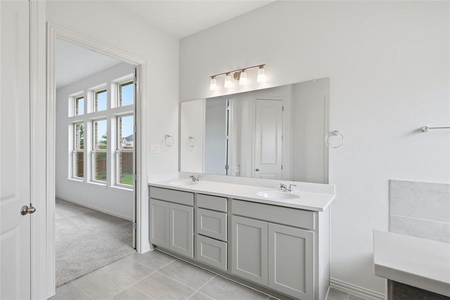 Bathroom featuring a dual vanity with light gray cabinetry and white countertops Bathroom featuring a dual vanity with light gray cabinetry and white countertops