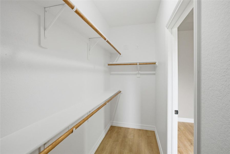 Walk in closet with light wood-style flooring