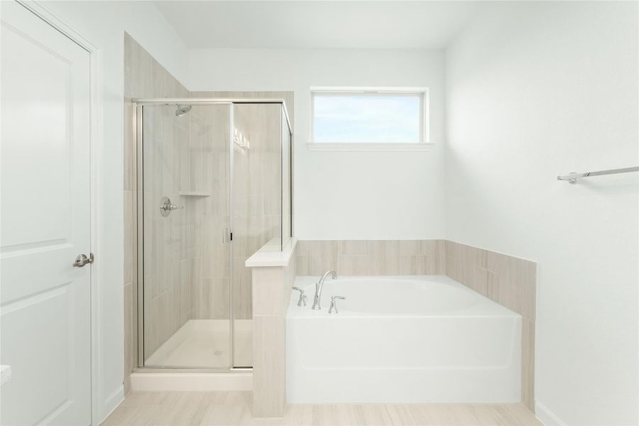 Bathroom with glass-enclosed walk-in shower and soaking tub with tile surround