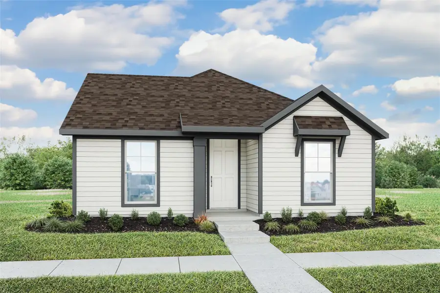 View of front of property with a front yard and a shingled roof