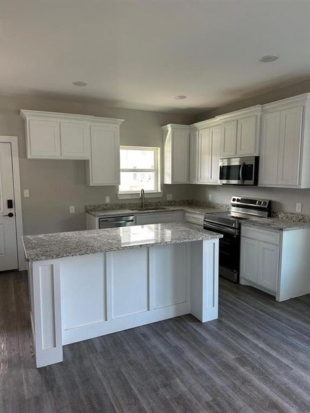 Kitchen featuring stainless steel appliances, dark wood-style floors, white cabinets, and recessed lighting