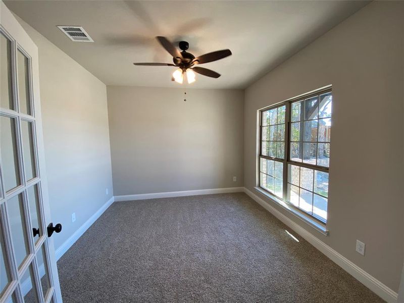 Study with French doors & ceiling fan