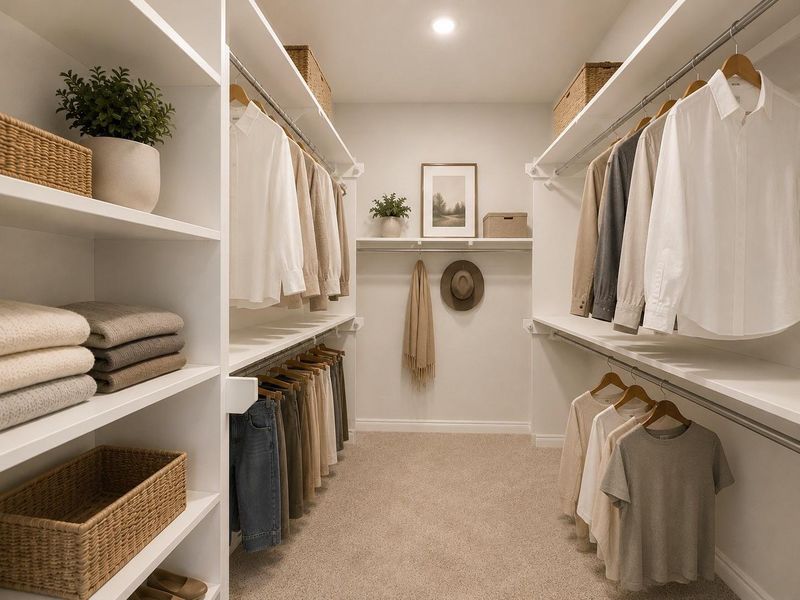 Large walk-in primary closet. Virtual staging for reference only to showcase the floor plan potential. Large walk-in primary closet. Virtual staging for reference only to showcase the floor plan potential.
