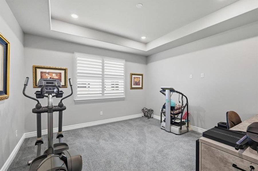 Recessed lighting illuminating a spacious room with tray ceiling detailing