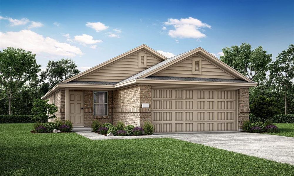 View of front of house with a front yard and a garage