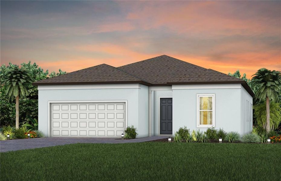 Front exterior of a new home in Del Webb Sunchase, Parrish, FL, highlighting curb appeal (Image 1).