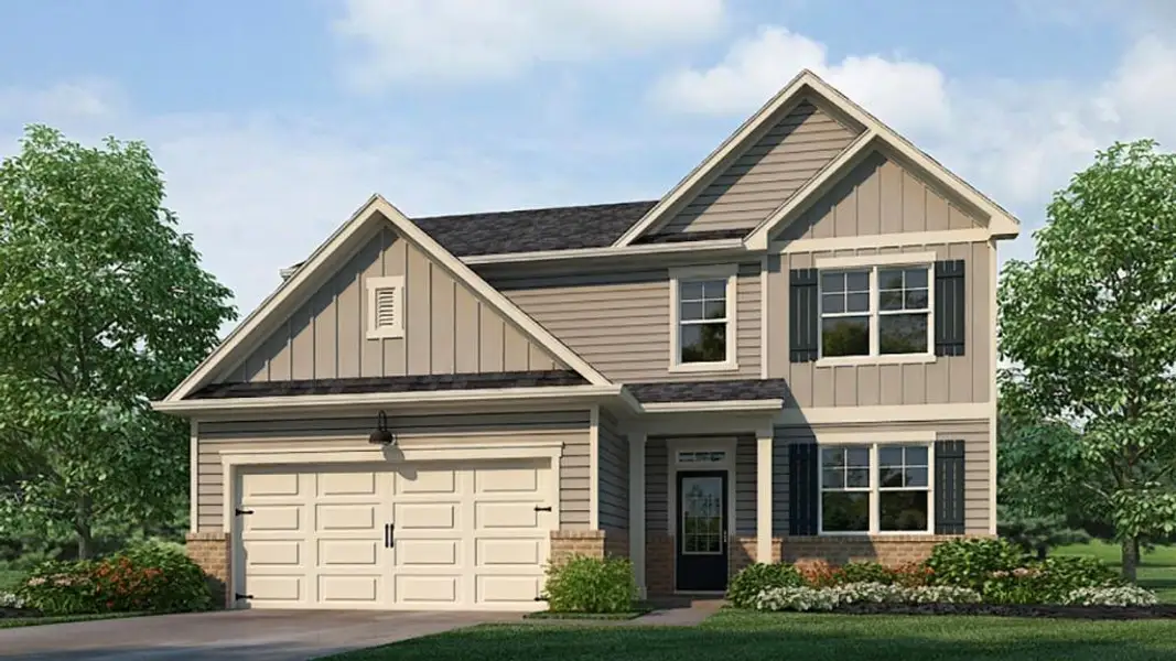 Front exterior of a new home in Fairway 17 at Mirror Lake, Villa Rica, GA, highlighting curb appeal (Image 1). Front exterior of a new home in Fairway 17 at Mirror Lake, Villa Rica, GA, highlighting curb appeal (Image 1).