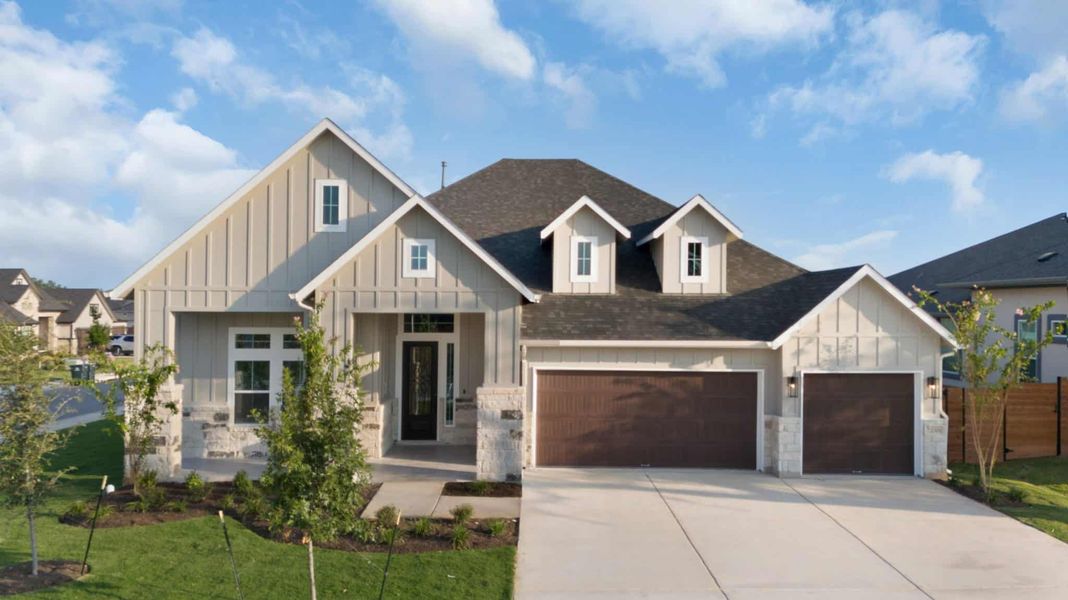 Front exterior of a new home in Broken Oak, Georgetown, TX, highlighting curb appeal (Image 1). Front exterior of a new home in Broken Oak, Georgetown, TX, highlighting curb appeal (Image 1).