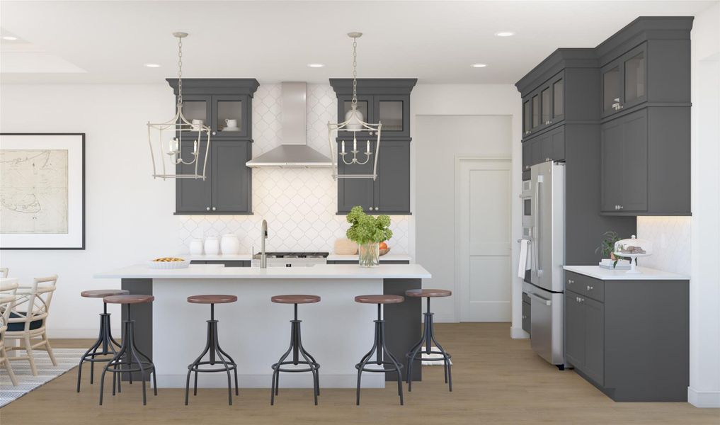 Classic island kitchen with grey stacked cabinets (*Artist rendering used for illustration purposes only.)