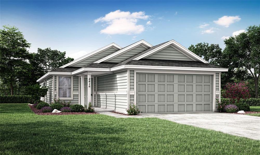 View of front of house featuring a garage and a front lawn