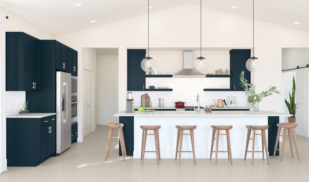 Kitchen with pendant lights & floating shelves