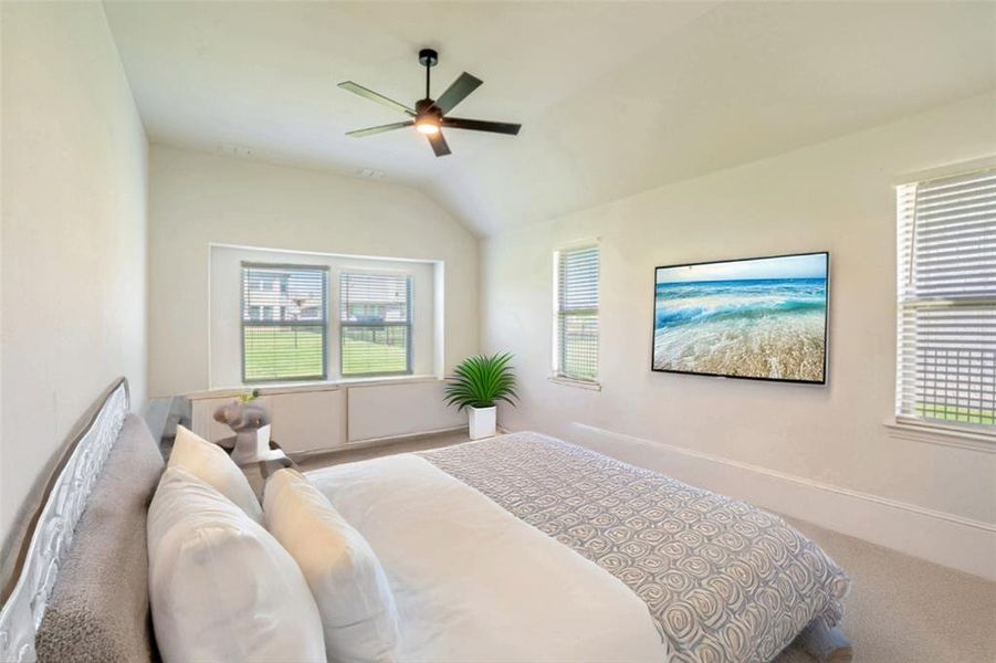Bedroom with lofted ceiling, multiple windows, ceiling fan, and carpet Bedroom with lofted ceiling, multiple windows, ceiling fan, and carpet