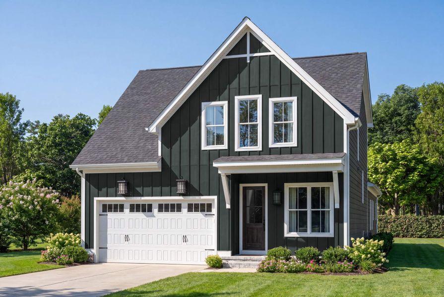 Representative exterior photo of a completed home built from the Rosemary Modern Farmhouse by Homes by Dickerson in Ponder, Wendell, NC (Image 1). Representative exterior photo of a completed home built from the Rosemary Modern Farmhouse by Homes by Dickerson in Ponder, Wendell, NC (Image 1).