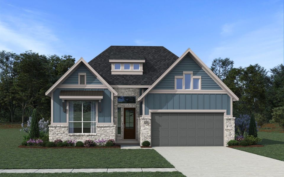 Front exterior of a new home in Westland Ranch, League City, TX, highlighting curb appeal (Image 2). Front exterior of a new home in Westland Ranch, League City, TX, highlighting curb appeal (Image 2).