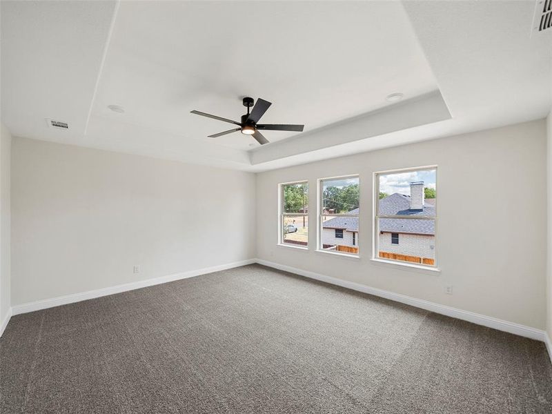 Spare room featuring a raised ceiling, ceiling fan, and carpet