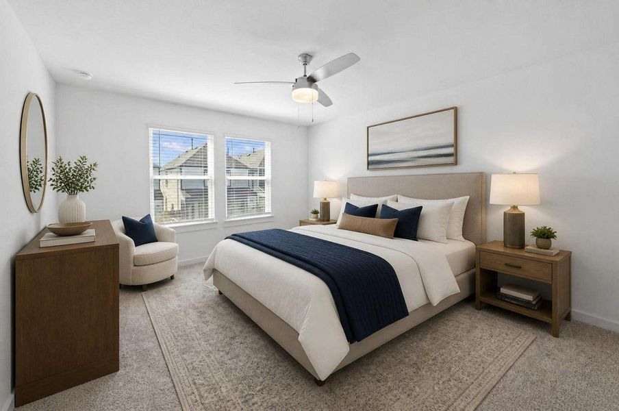 Primary bedroom with double windows for added lighting - Virtually staged Primary bedroom with double windows for added lighting - Virtually staged