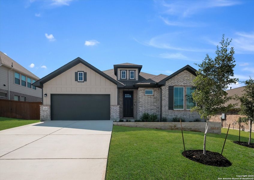 Front exterior of a new home in Foxbrook, Cibolo, TX, highlighting curb appeal (Image 1). Front exterior of a new home in Foxbrook, Cibolo, TX, highlighting curb appeal (Image 1).