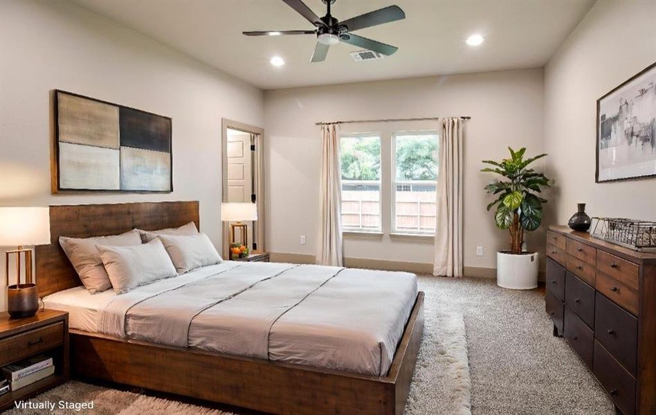 Bedroom featuring carpet floors, recessed lighting, and a ceiling fan