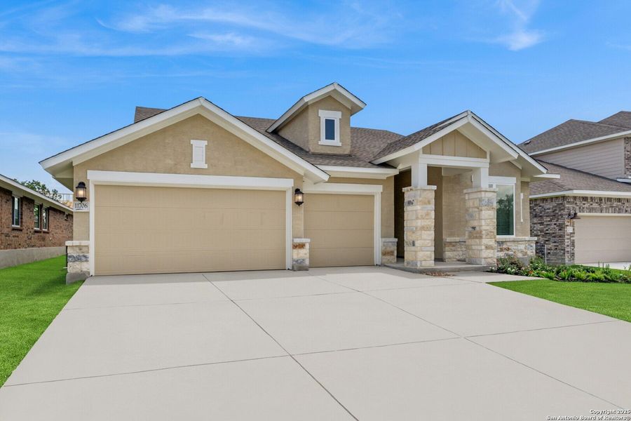 Front exterior of a new home in Davis Ranch 60', San Antonio, TX, highlighting curb appeal (Image 18). Front exterior of a new home in Davis Ranch 60', San Antonio, TX, highlighting curb appeal (Image 18).