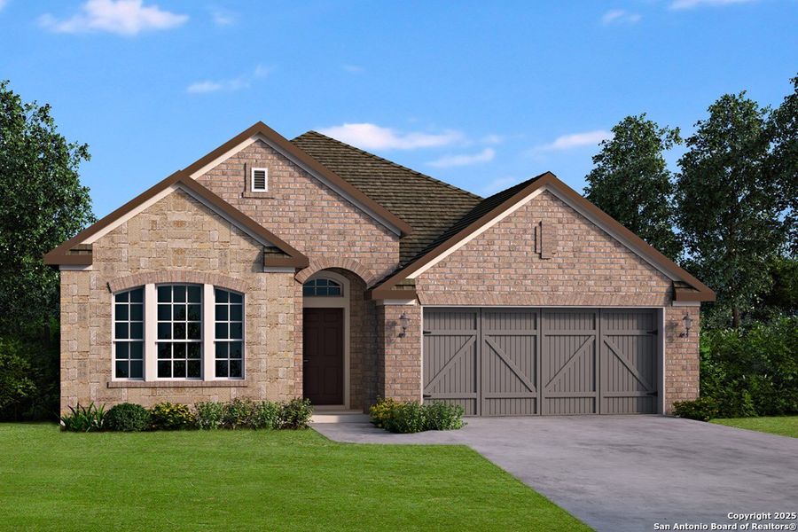 Front exterior of a new home in Davis Ranch 50', San Antonio, TX, highlighting curb appeal (Image 1). Front exterior of a new home in Davis Ranch 50', San Antonio, TX, highlighting curb appeal (Image 1).