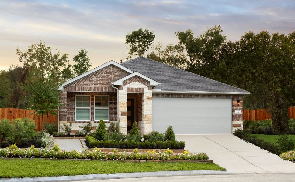 Front exterior of a new home in Pine Lake Cove - Premier Series, Montgomery, TX, highlighting curb appeal (Image 1).