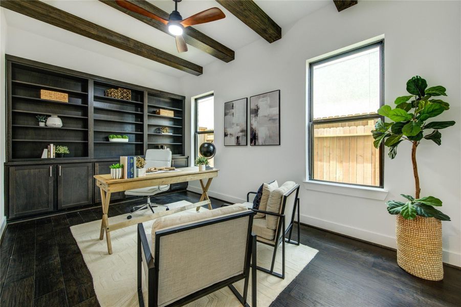 Large office is privately located behind the kitchen. Large office is privately located behind the kitchen.