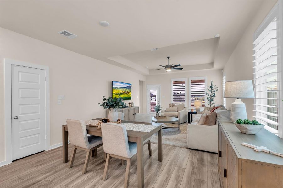 This inviting living and dining area features open space. This inviting living and dining area features open space.