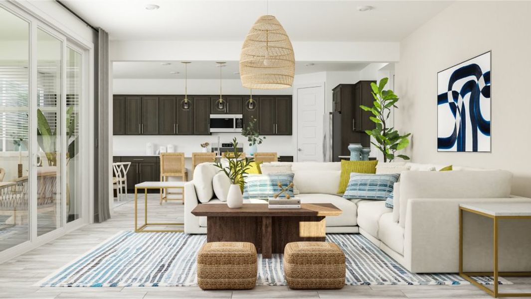 Styled great room near the patio doors and the kitchen