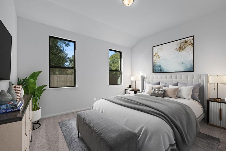 The primary bedroom is generously sized, creating a tranquil and spacious retreat that offers ample room for relaxation. Featuring plush carpet, high ceilings, fresh paint, and large windows that lets in natural lighting throughout the day. The primary bedroom is generously sized, creating a tranquil and spacious retreat that offers ample room for relaxation. Featuring plush carpet, high ceilings, fresh paint, and large windows that lets in natural lighting throughout the day.