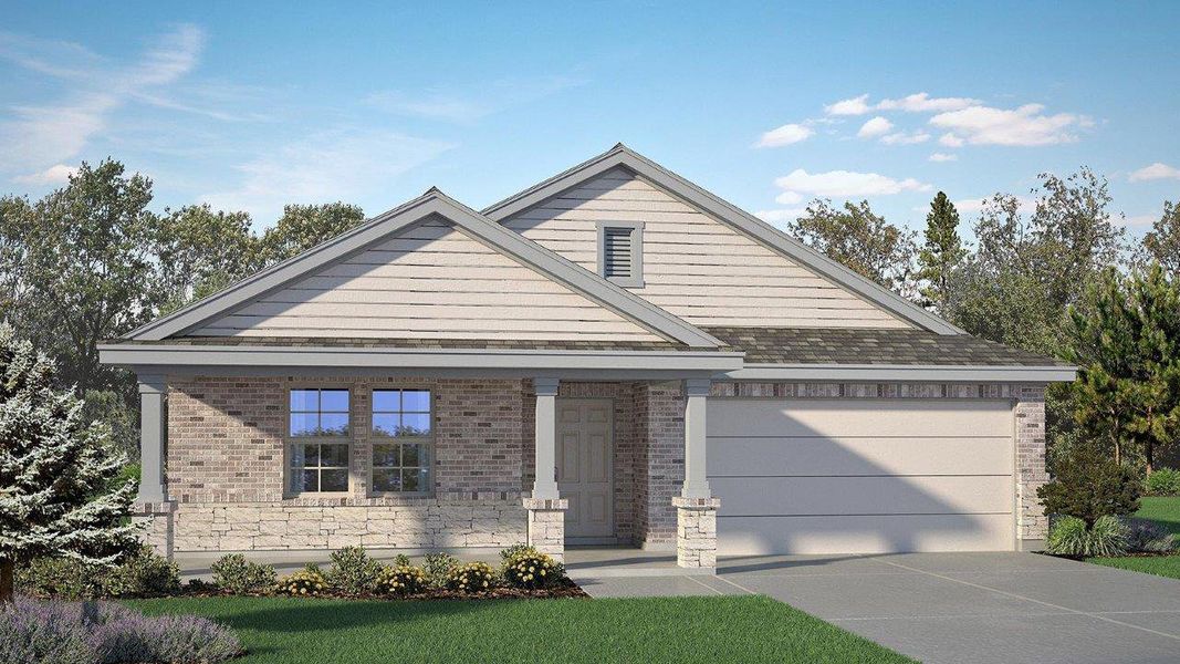Front exterior of a new home in Creekfall, Burnet, TX, highlighting curb appeal (Image 1).