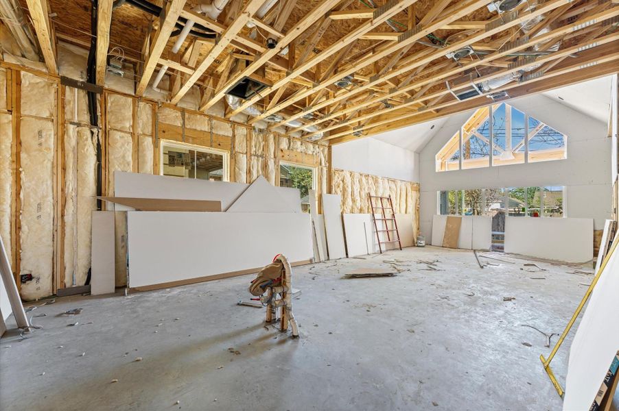 Kitchen, dining and living area.